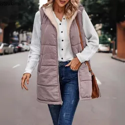 Women's Hooded Zip Vest Coats Autumn Winter Fashion Fleece Splice Warm Sleeveless Jacket Loose Casual Mid Length Outerwear Femme
