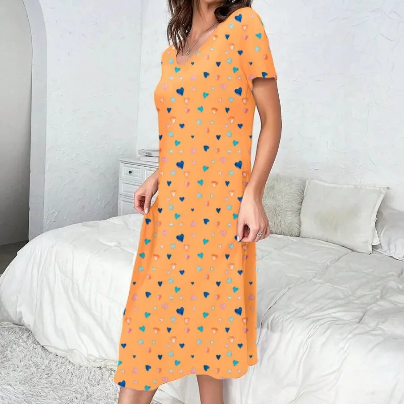 

GLECE Elegant Heart Pattern Nightwear | V-neck Medium Stretch Fabric Suitable for All Seasons Short Sleeves Open Hem for Outwear