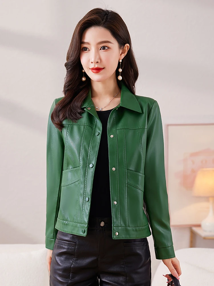 Leren leren jas dames kort lente herfst veelzijdig schapenvacht slank groot formaat trendy effen kleur revers enkele rij knopen