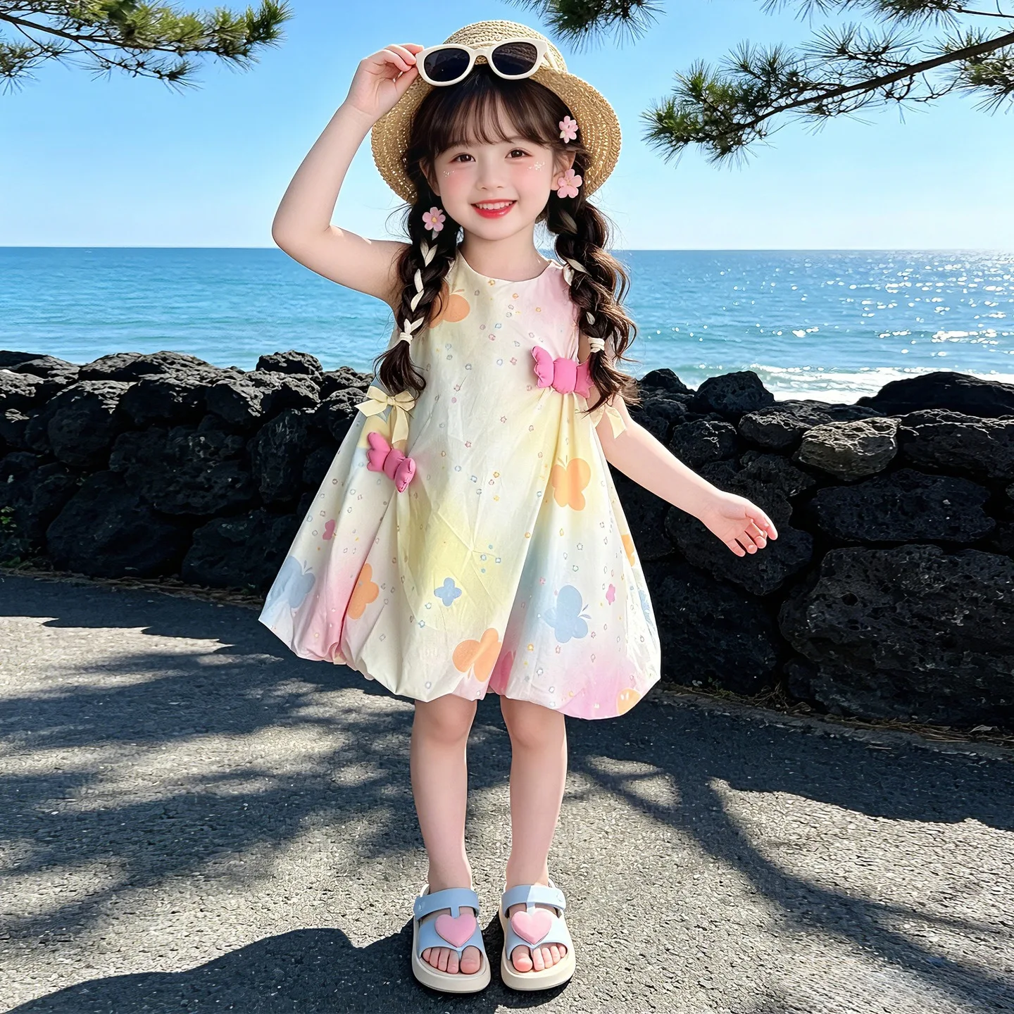 Girls Butterfly Flower Dress 2026 New Kids Korean Fashion Little Girl Stylish Princess Dress Young Kids Summer Clothes