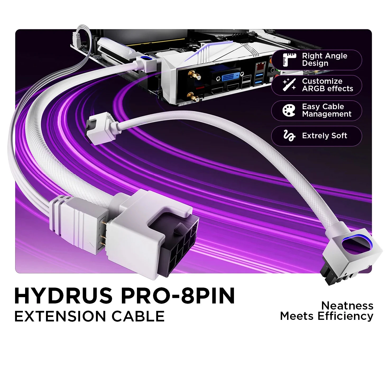 UPSIREN CPU 8Pin Motherboard Extension Cable,18AWG 90° Right-Angle Design, ARGB 5V 3Pin Male-to- Female Connectors Cable