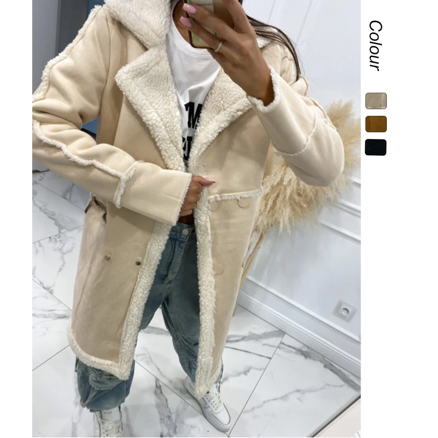 

Новое поступление осени/зимы 2025 года, однотонное лоскутное пальто из утолщенного меха ягненка, куртка