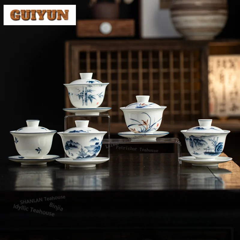 

180 мл ручная роспись сине-белая ховерливающаяся гаваньская традиционная чайная варена, чайная чаша с крышкой, комплект для приготовления чая, крышка, чаша, ремесло