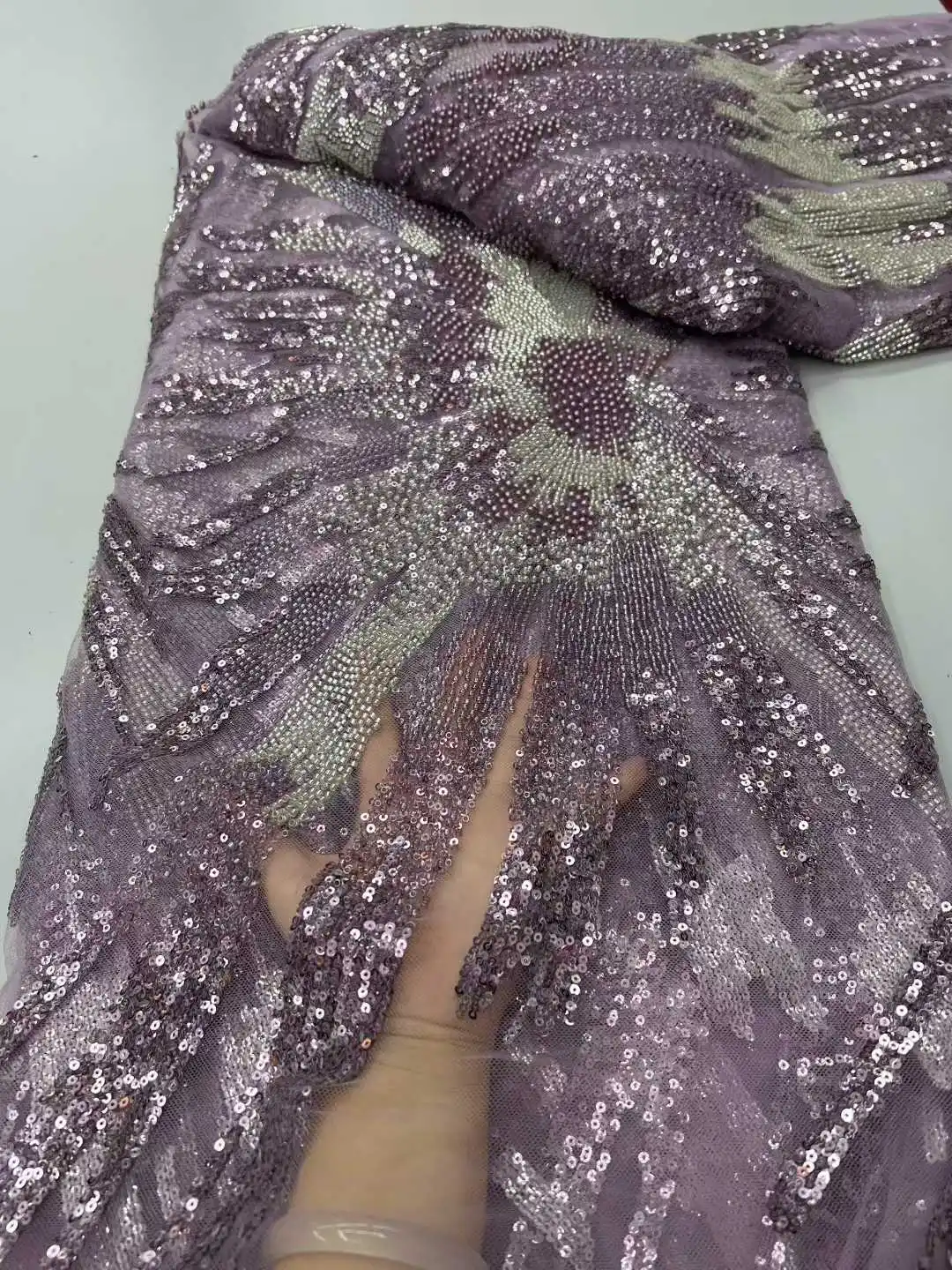 Mais recente design de moda de lantejoulas feito à mão contas bordadas para vestido de casamento feminino tecido de renda venda por 5 jardas