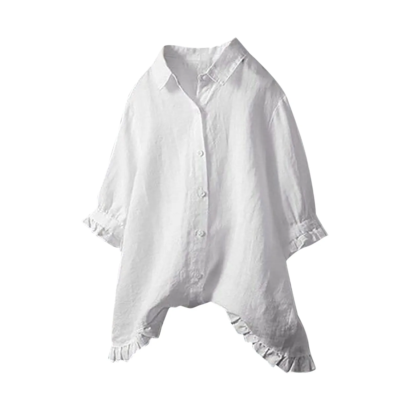 

Loose Women Ruffles Shirts Cotton Linen Summer Single Breasted Blouse Tops Solid Color Long Sleeve Casual Women Shirts