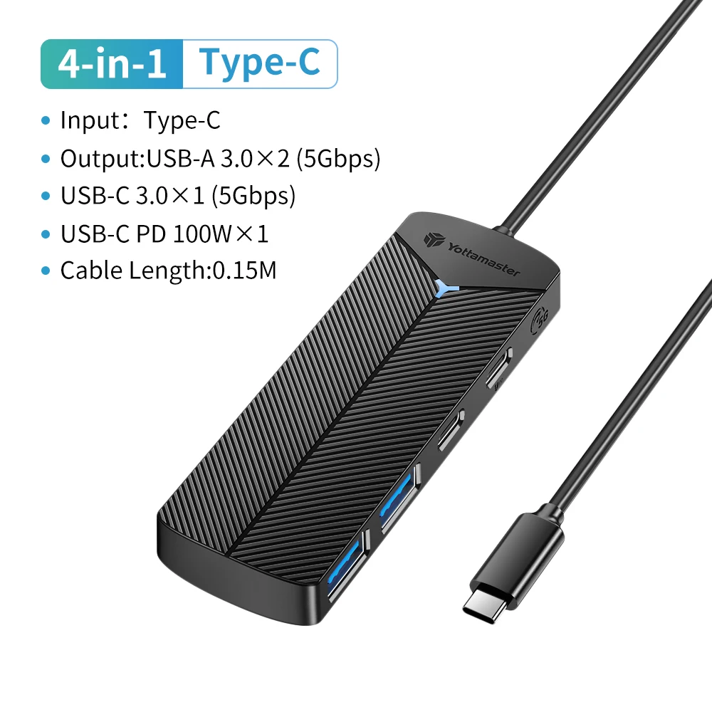 Yottamaster 5 Gbit/s 4-in-1 USB3.0-Hub, USB-HUB-Adapter, Erweiterungsdock, ultraflacher OTG-Adapter Typ C für PC, iOS, Computerzubehör