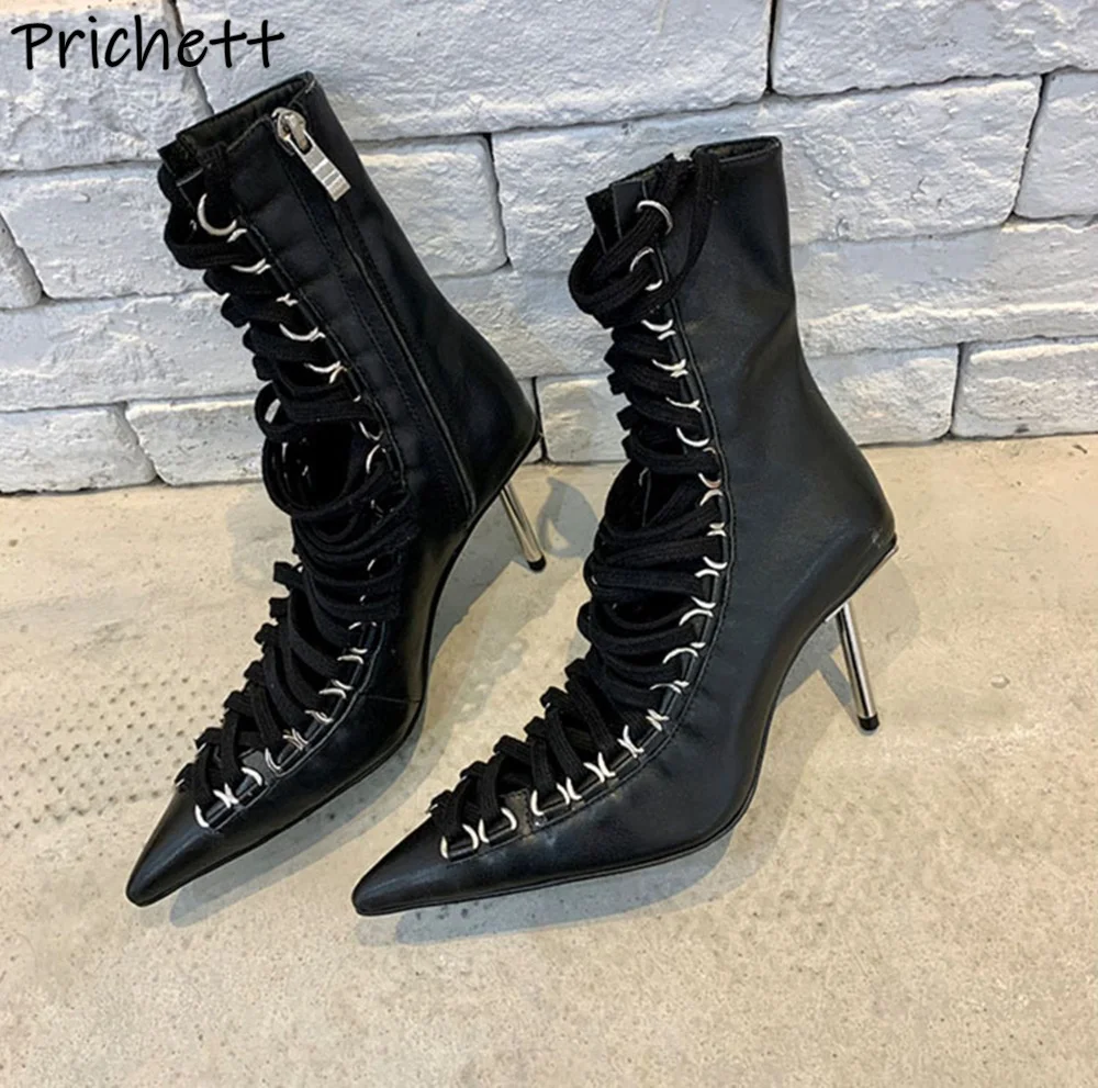 

Черные кожаные ботинки с перекрестной завязкой, женская лаконичная обувь с острым носком на тонком металлическом каблуке и боковой молнией, женская лаконичная обувь для отдыха, женская лаконичная обувь 2025