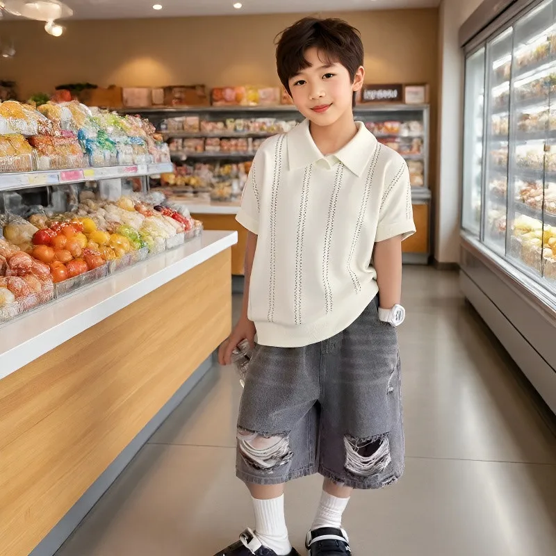 

Boys' Polo Shirt Ice Silk Hollow Knitted Shirt Summer New Design Children's Short Sleeve T-shirt