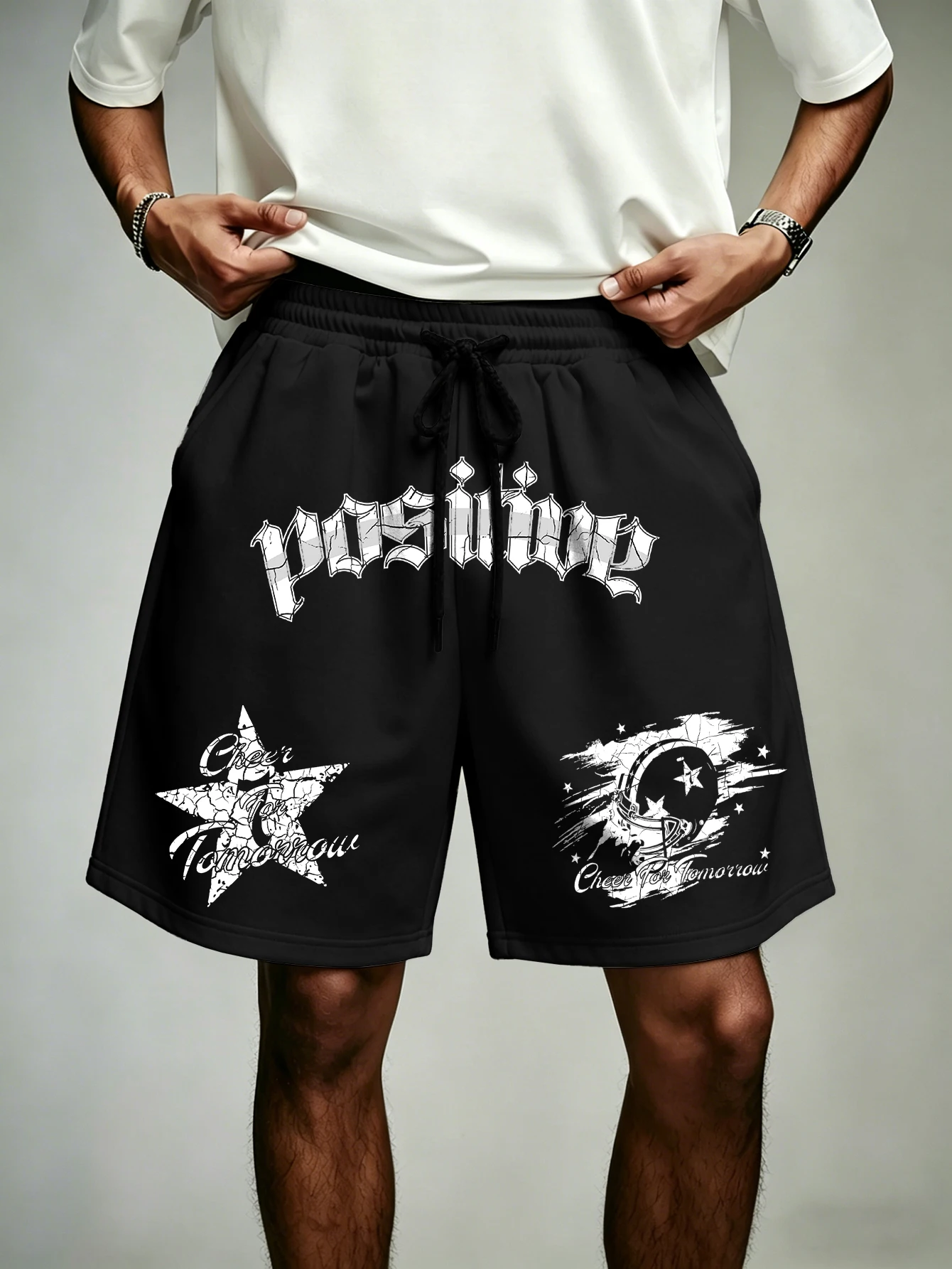 Men's Streetwear Shorts Gothic Football Helmet Star Print Polyester Black Drawstring Casual Shorts S-2XL All Size 1Pc