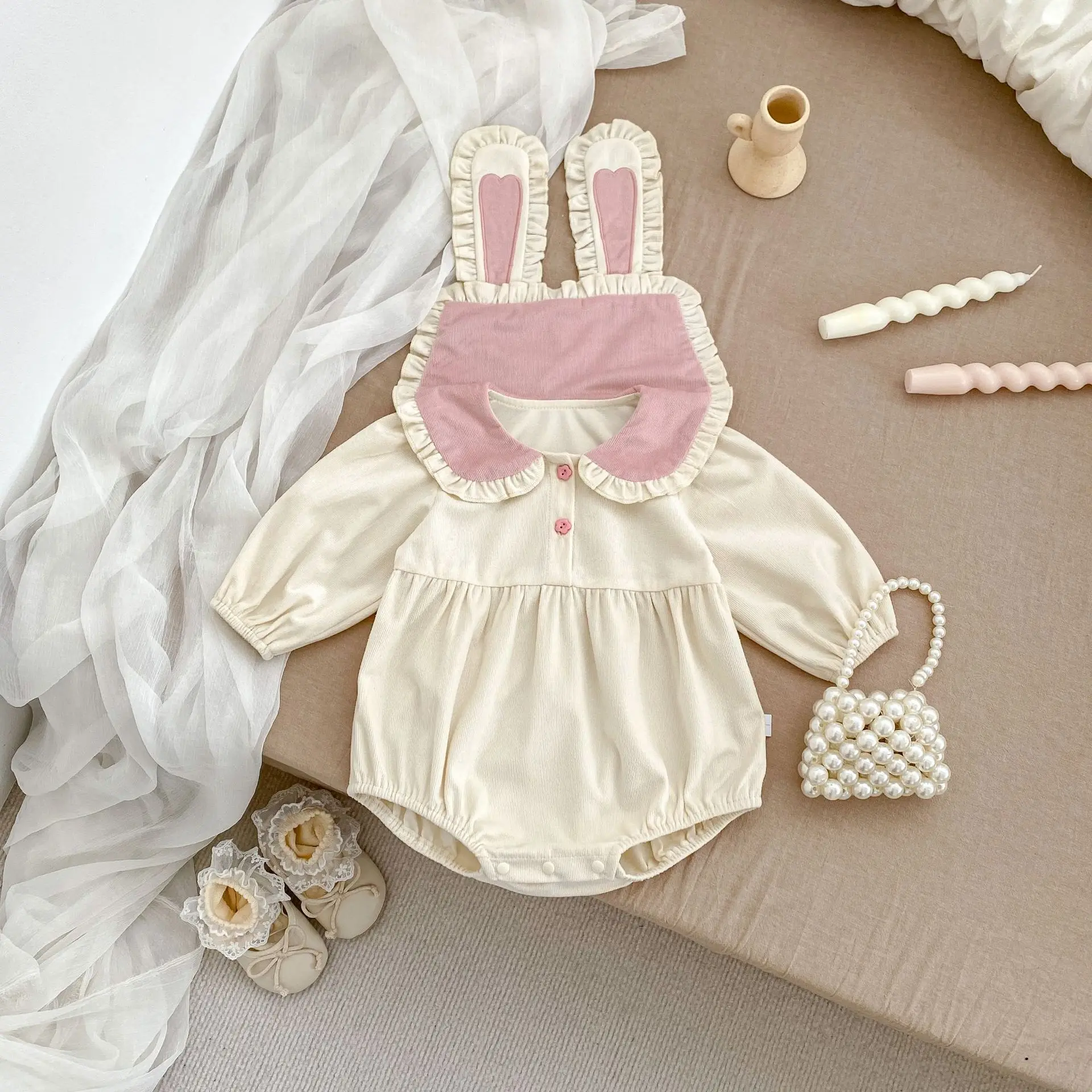 Ins Autumn Baby Girls Rompers Cotton Cartoon Rabbit Loose Lace Lapel Infant Girls Bodysuit Long Sleeve Newborn Girls Outfits