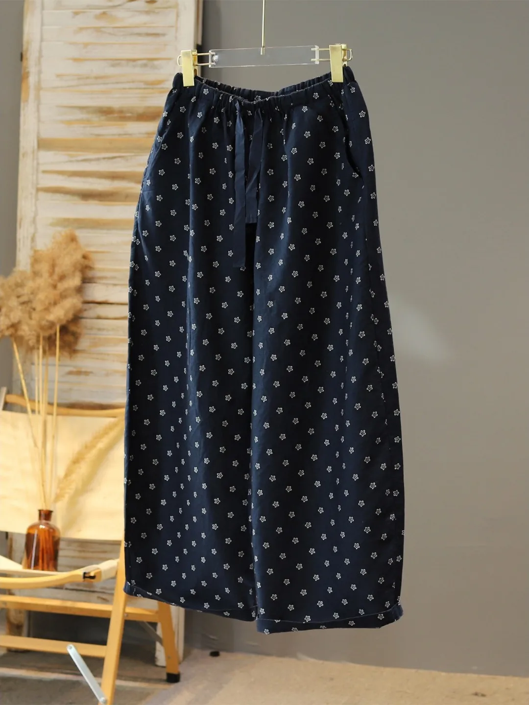 

Summer Casual Cotton Linen Drawstring Floral Print Pants Loose Elastic Waist Wide Leg Pants for plus Size Women