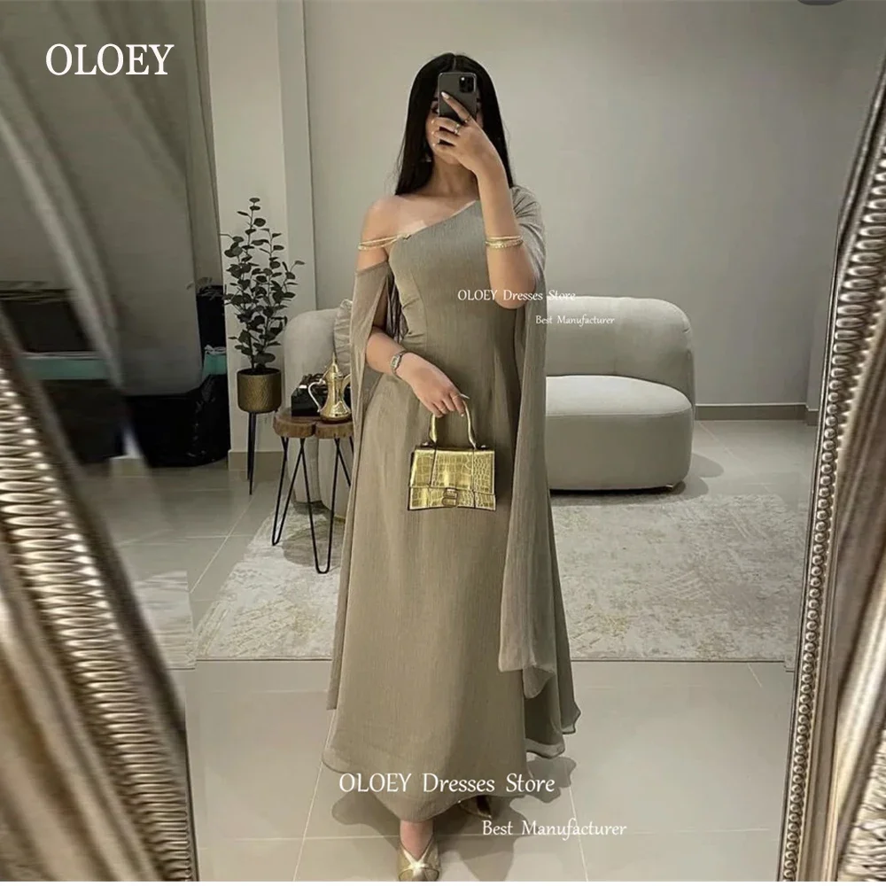 

OLOEY Vintage Saudi Arabic Women Linen Evening Party Dresses One Shoulder Cape Sleeves Ankle Length Prom Gowns Formal Event