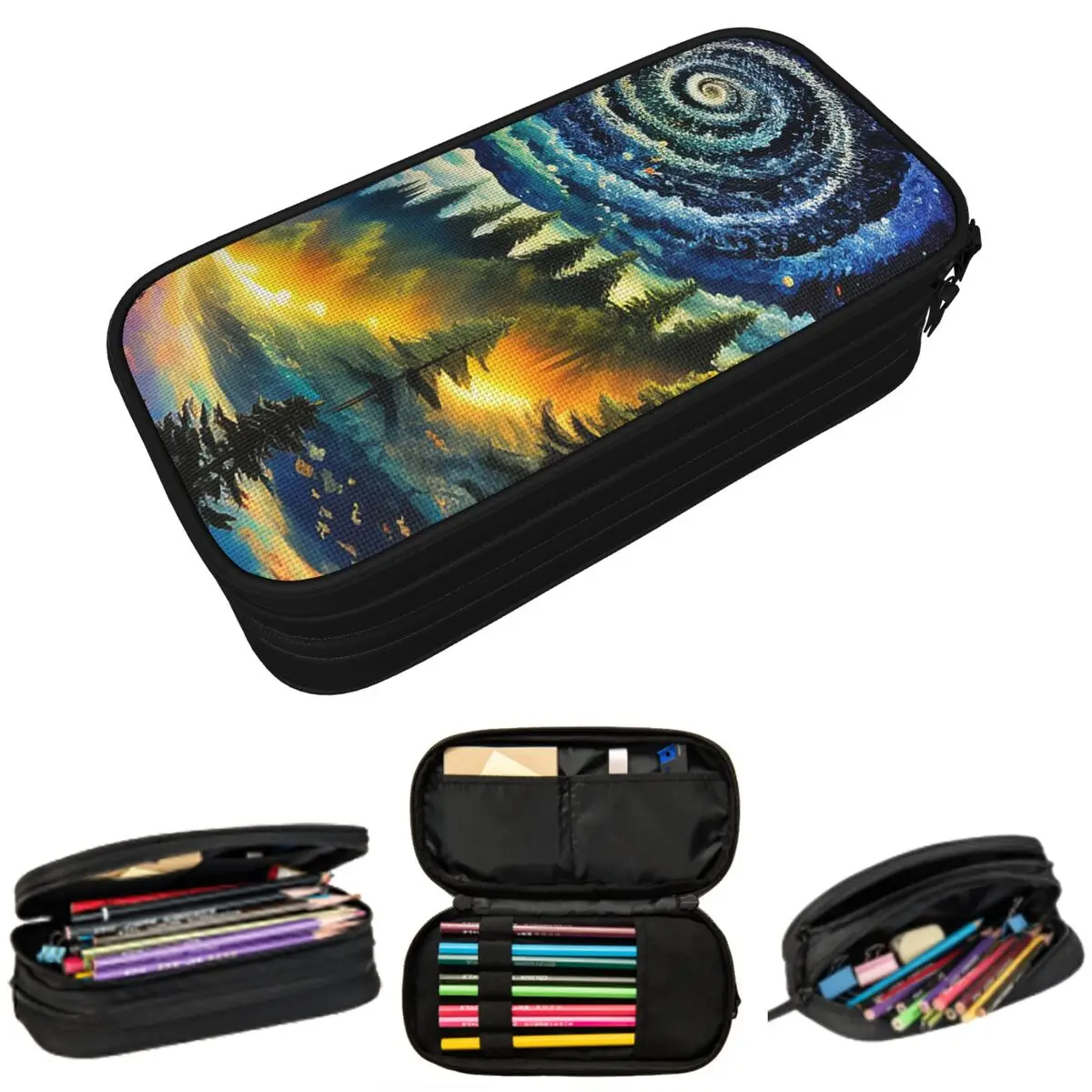 

Colorful Swirled Starry Night And Pine Trees Pencil Case for Studen Gifts Pen Box Pencil Bag Stationery Supplies Pen Holder Bag