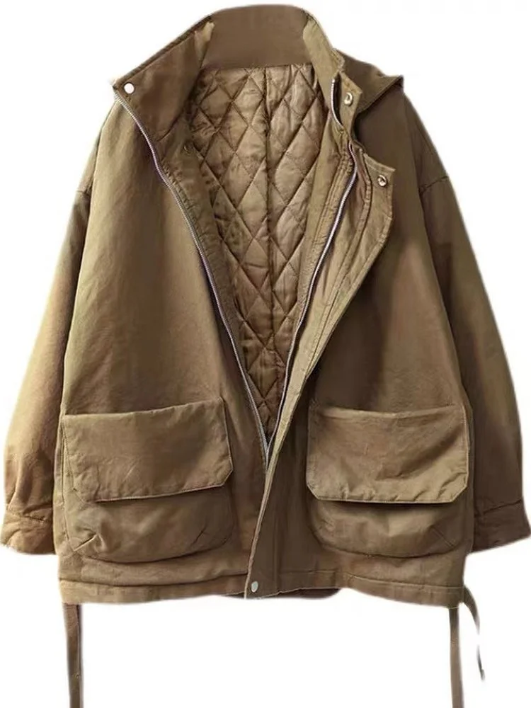 plus Size Women's Casual Korean Sle Thiened Hooded Cotton Jaet Loose Fit Workwear Outerwear Trendy Slimming Effect