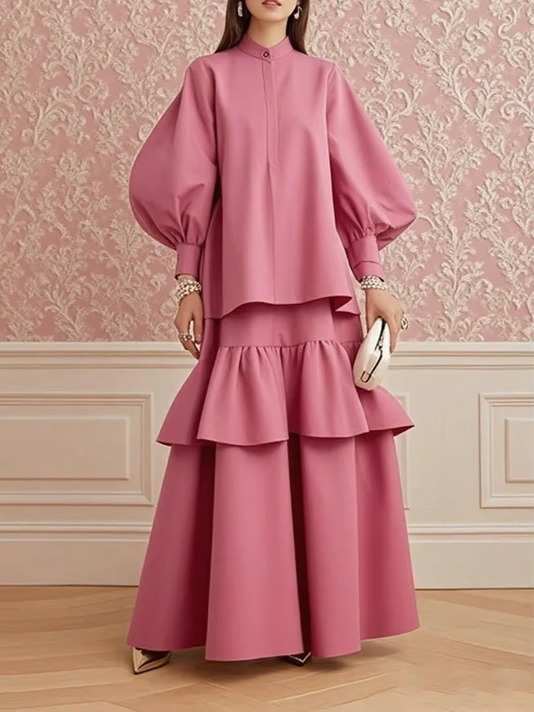 

Gymystars Elegant Skirt Pink Fashion Suit Sleeves Women 2 Piece Set Casual Puff Sleeves Tops Cake Long Skirt Female Set Outfits