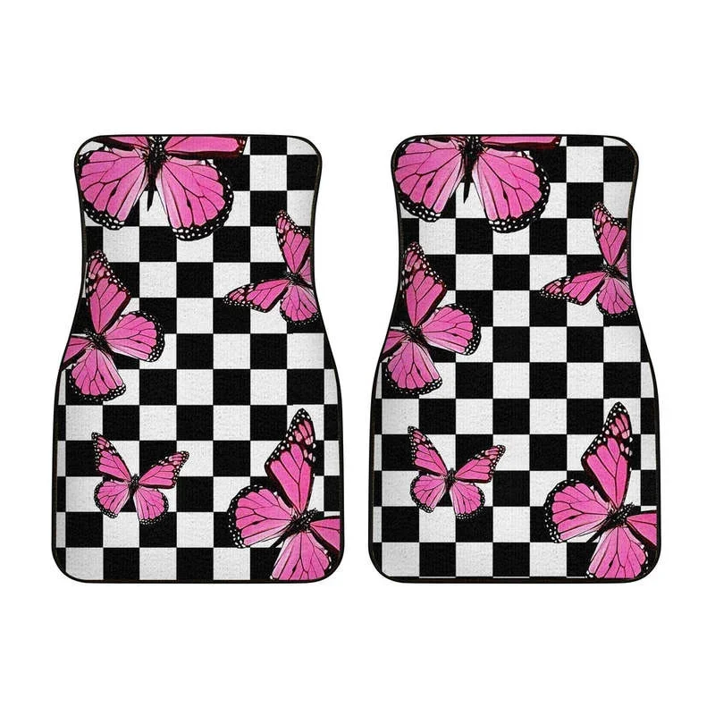 Pink Butterfly Car Floor Mats Custom Checkerboard Car Accessories 4PCs Pack