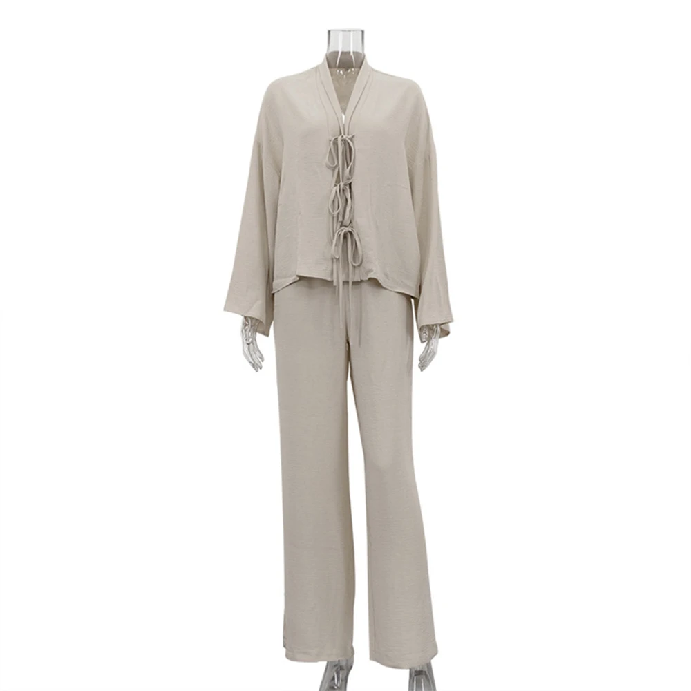 Talenza Autumn Pants Suit Women\'s Solid Long Sleeve Lace-Up V-Neck Shirt Loose Pants Suit Casual Sports Pants Suit 2-piece Set