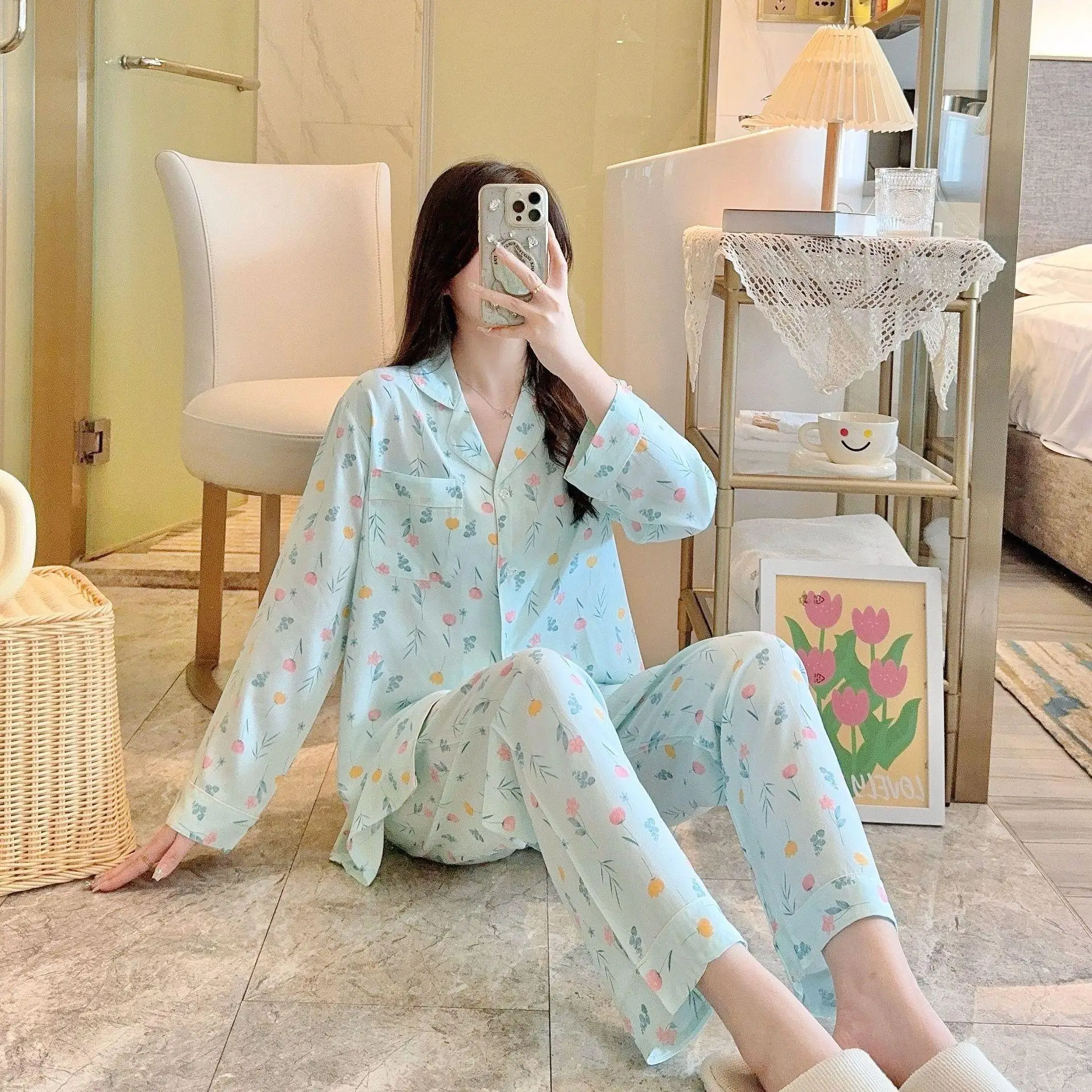 

Long Sleeve Pants Floral Print Woman Satin Pajama Sets Ensembles 2 Piece Lady Outfit Lounge Women Pijama Sleepwear Pajama Pj