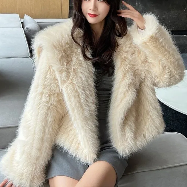 Faux Fox Fur Jacket Coat for Women Winter Warm Lapel Woven Fur Fluffy Jacket Short Top Fashion Short Loose Wool Jackets for Lady