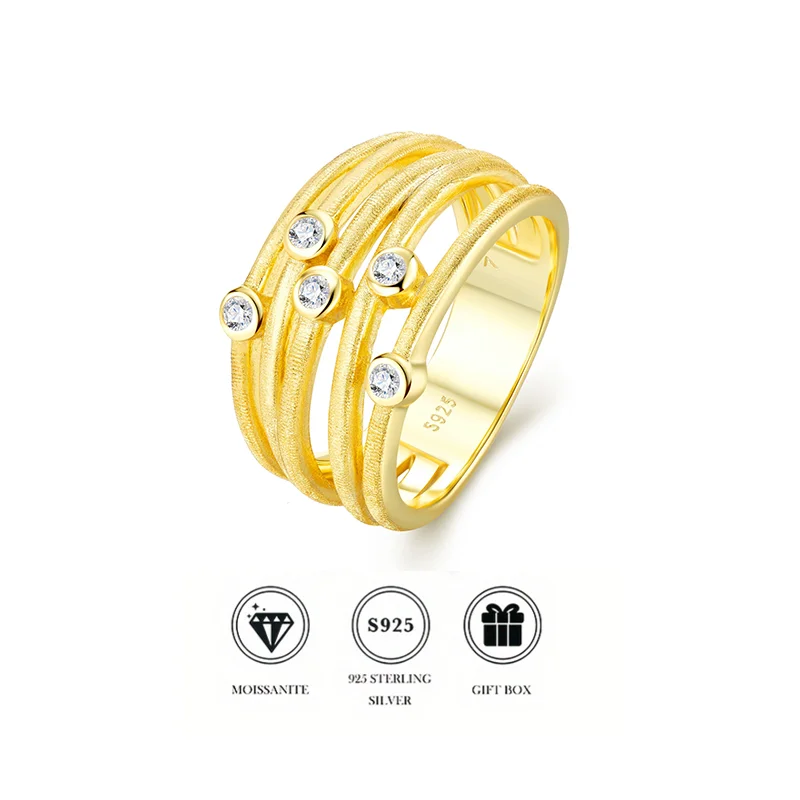 

Brushed Finish Multi-Layer Moissanite Stacking Ring, Gold Plated 925 Sterling Silver Dainty Ring, Trendy Minimalist Jewelry