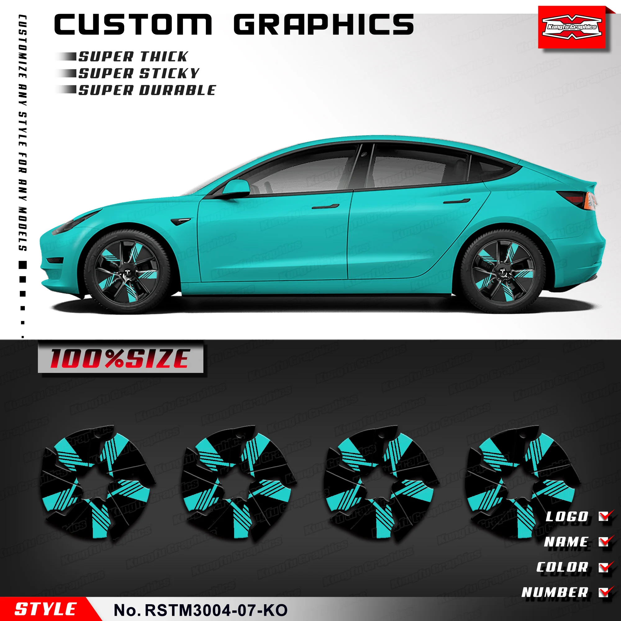 KUNGFU GRAPHICS Custom Car Rim Dekor Quality Stickers Wraps for Tesla Model 3, Multi Colors