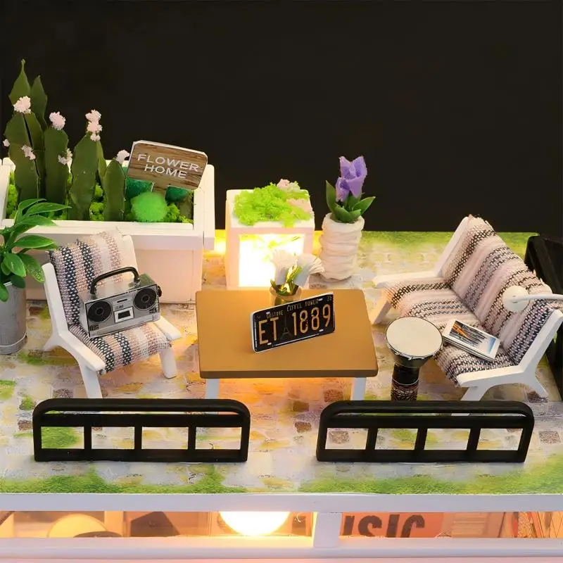 مجموعة أدوات بيت الدمى الخشبية ثلاثية الأبعاد من OUZEY - استوديو "استوديو الضوء المتغير" مع الأثاث ومنزل مصغر LED قابل للبرمجة وهدية العطلات