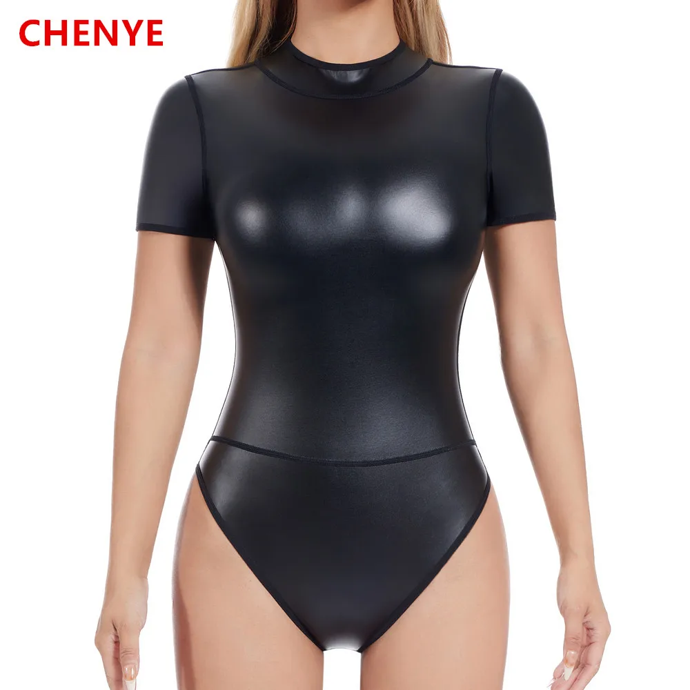 Women Body Shapers Sexy Shapewear Back Zipper High Neck Short sleeve Faux Leather Bodysuit Stage Performance One Pieces Jumpsuit