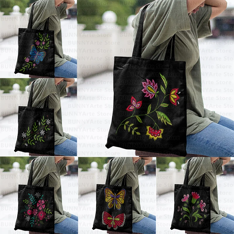 Bolsos de mano oscuros de varias flores hermosas para mujer, bolsas de compras para ir al supermercado, bolsas de reciclaje, bolsas de tela de moda