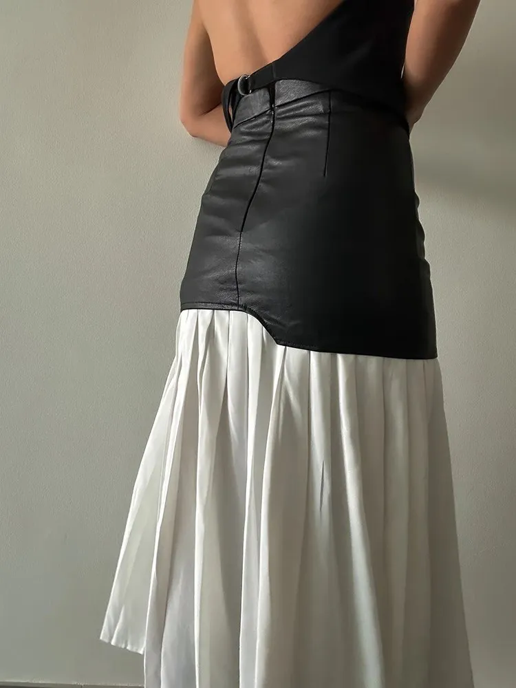 TWOTWINSTYLE Colorblock Patchwork Leather A Line Skirt For Women High Waist Spliced Pleated Bodycon Temperament Skirts Female