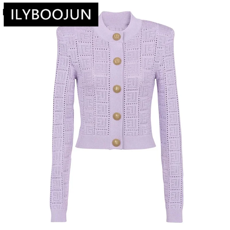 Thin Knitting Fabric Long Sleeve See-through Geometrical Pattern 4 Colors Fresh Purple Buttons Short Cardigans Women Sweater