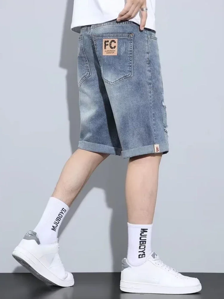 Kurze Jeans Hosen für Männer dünn mit Text schlanke Mann Denim Shorts dünn original xxxl blau Cowboy beliebte Harajuku Stretch Emo xl