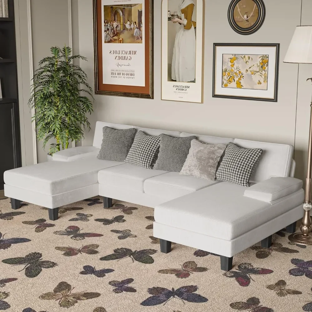 

Convertible Sectional Sofa Couch, Modern Chenille Fabric U-Shaped, 4-Seat with Long Chaise for Living Room, White