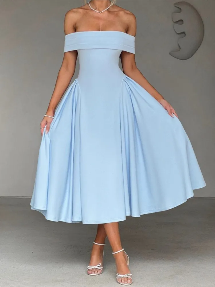 

Women's Summer Foreign Style A-line Dress Sexy Solid Color One Collar Slimming Medium Long Dresses Ladies Elegant Ball Vestidos