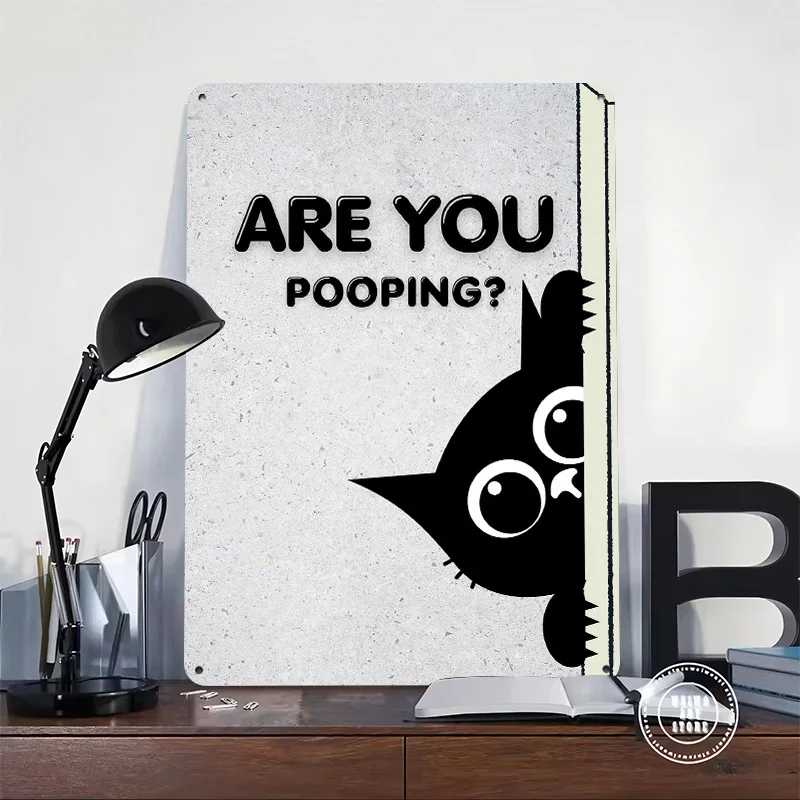 Peeking Cat Asks 'Are You Pooping?' Poster Customized Vintage Metal Signs Wall Art Retro Tin Plaque for Home and Decoration Room