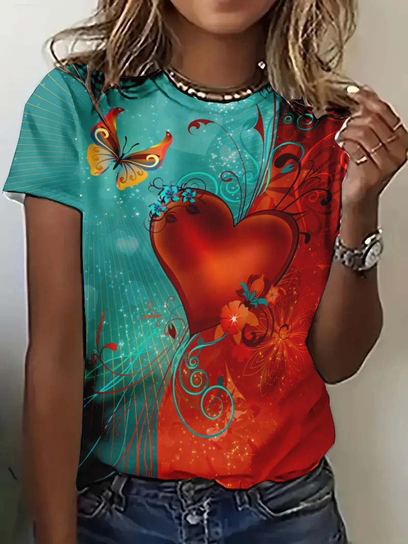 2024 Summer Women's T-shirts Double Color Matching Heart-shaped pattern print T-shirt Casual Loose O-Neck Short Sleeves Tees Top