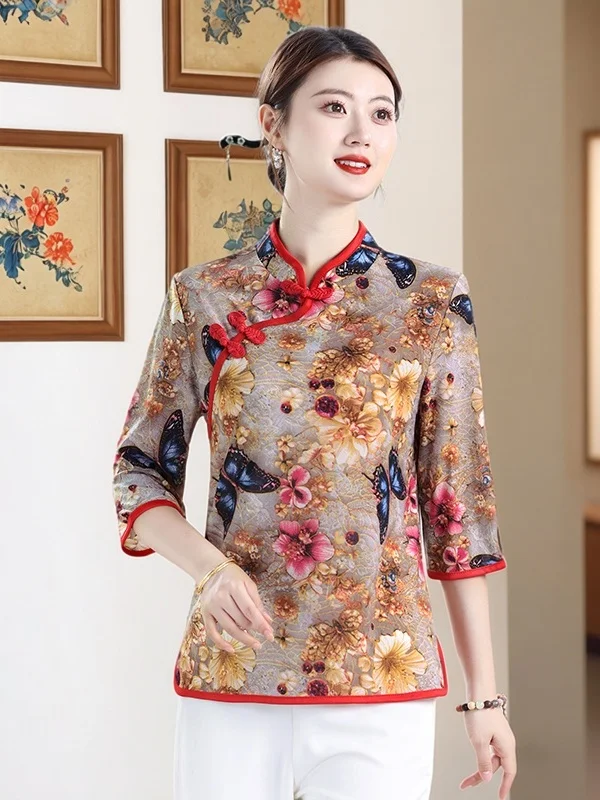

Summer 2026 New Ice Silk Printed Qipao T-Shirt for Middle-Aged And Elderly Women Loose Fit Regular Sleeve Length Floral Butte...