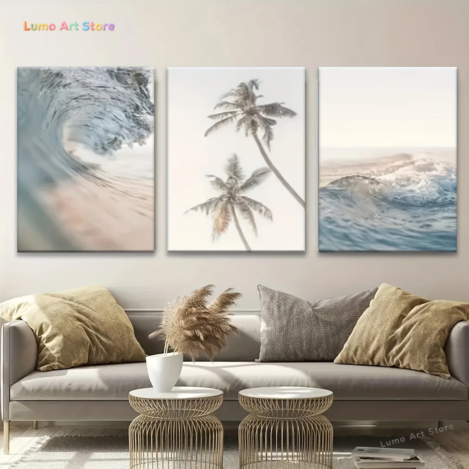 3pcs Frameless Modern Palm Tree & Pastel Beach  Set - Soft,, Calamus Tree Canvas Paintings for Living Room, Bedroom, Office D