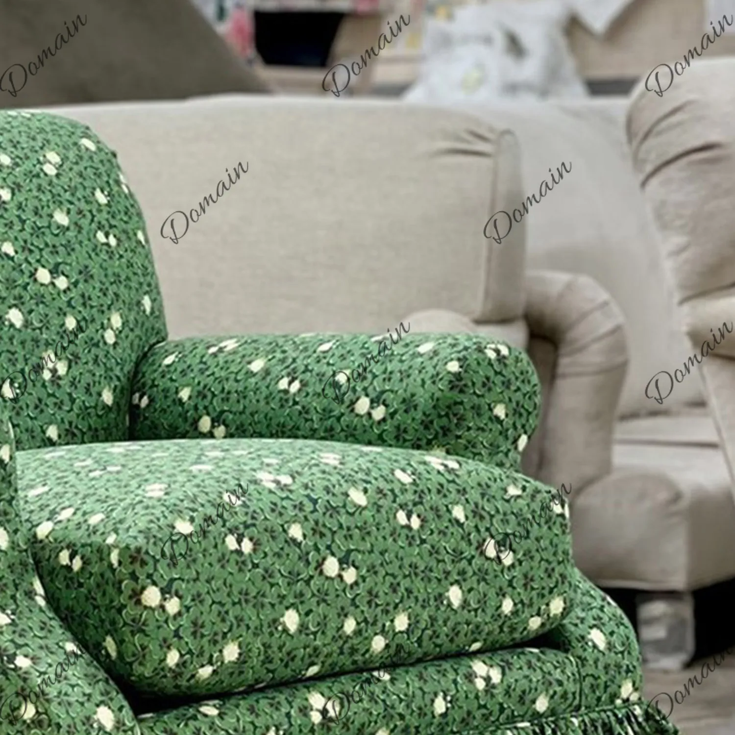 French retro solid wood single sofa small apartment living room green printed sofa pastoral style sample leisure chair