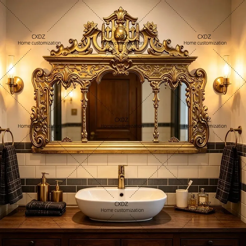 XX retro relief gold hanging mirror, porch decorative mirror, bathroom fireplace background wall art mirror
