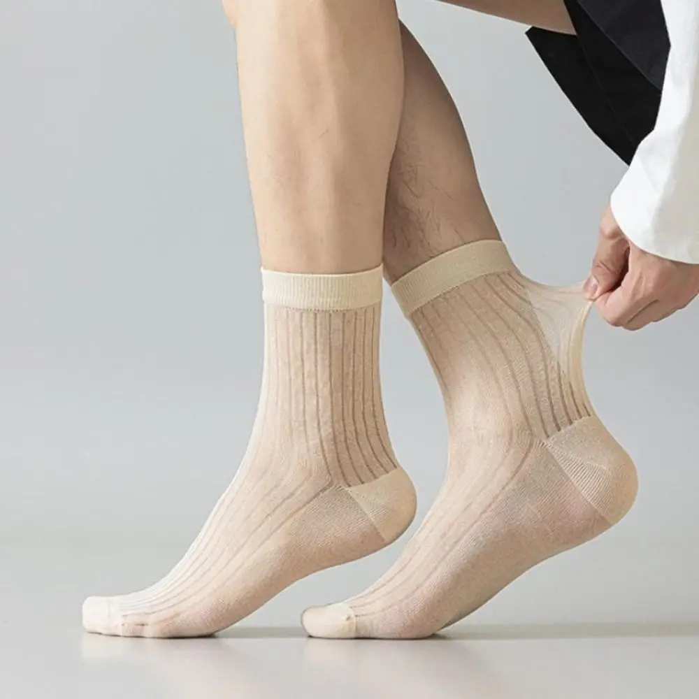 

Comfortable Solid Color Business Socks Men Mesh Thin Stripe Mid-calf Socks Men Summer Breathable Men Tube Socks Men