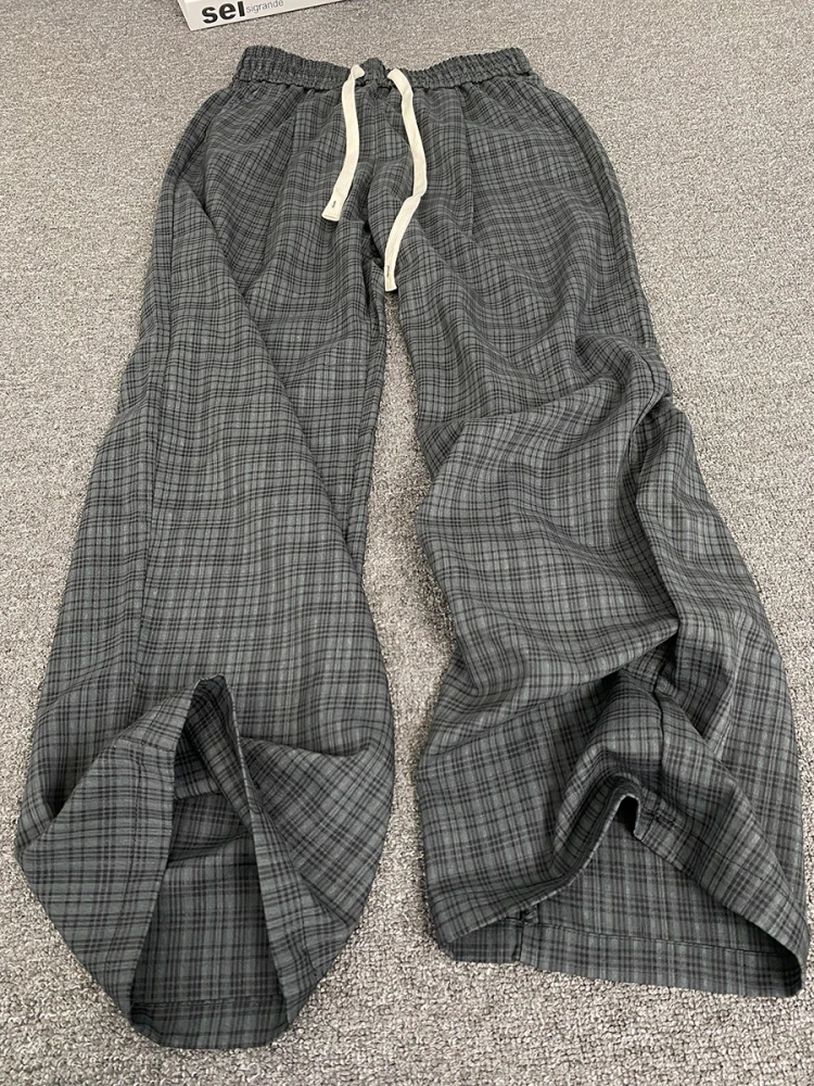 

Мужские летние свободные повседневные брюки в американском ретро-стиле, в клетку, с широкими штанинами, тонкие, драпирующиеся, прямые, дышащие, комфортные