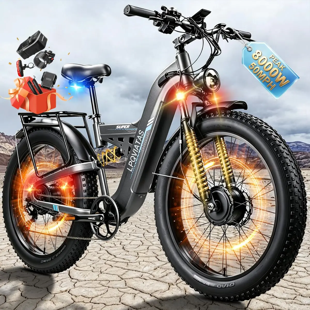 8000W Dual Motor Electric Bike 52V 30AH Battery Smart Light 47-50MPH 100 Miles 26 Inch Full Suspension Snow Commuter, Customized