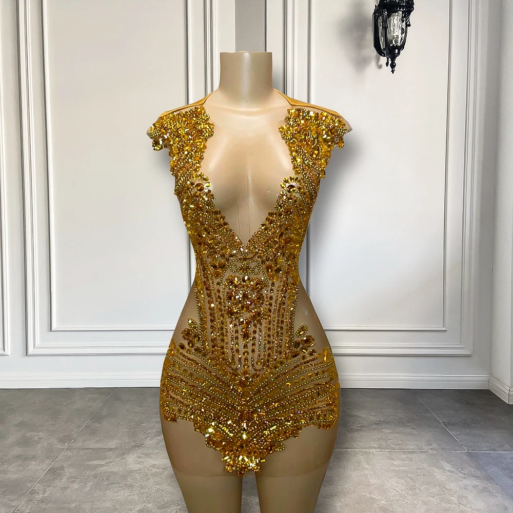 Funkelnd schiere sexy durchsichtige Frauen Cocktail Geburtstags feier Kleider Luxus Gold Diamant schwarz Mädchen kurze Mini Ballkleider