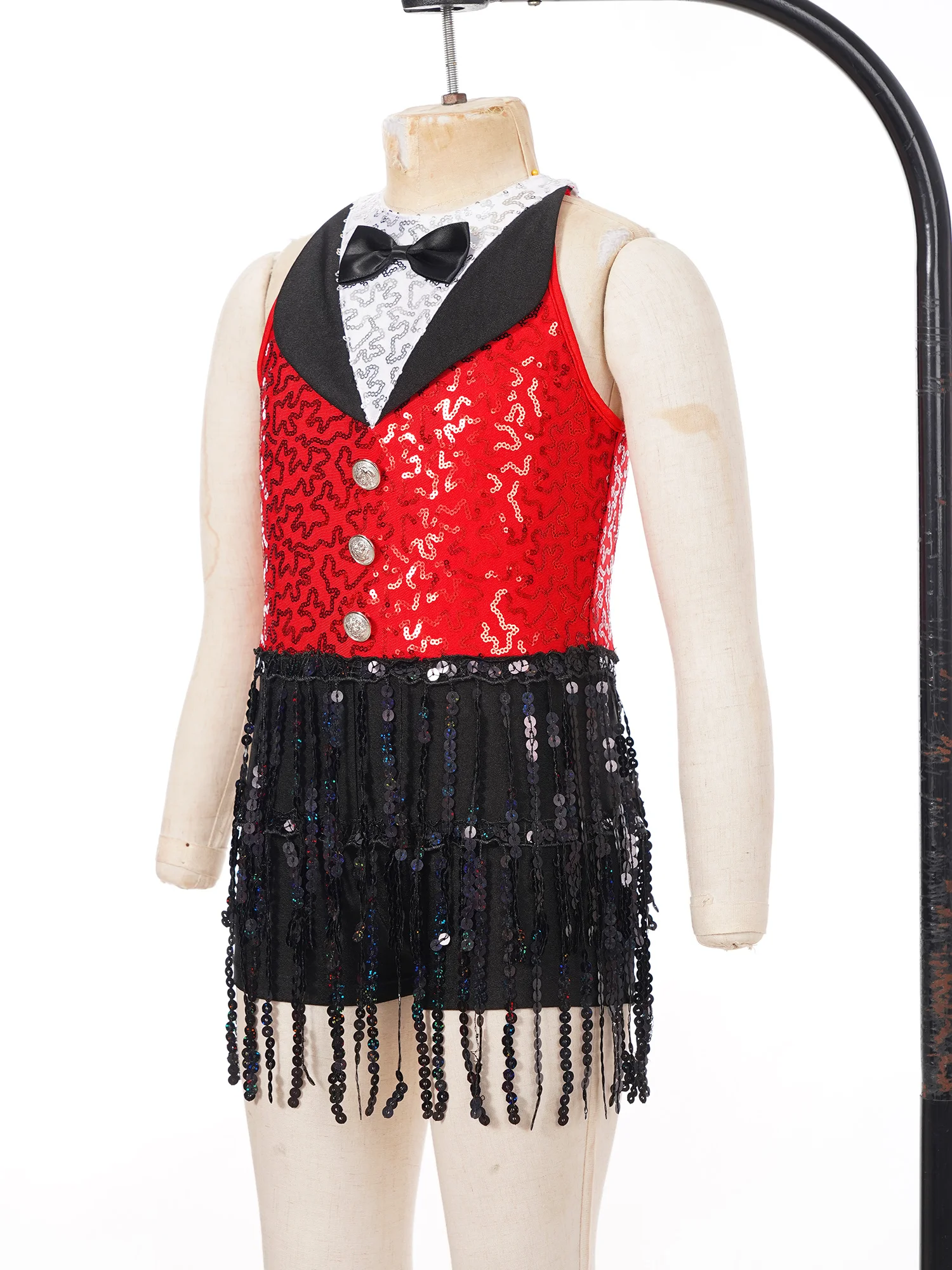 女の子タキシードジャンプスーツノースリーブフリンジラテンレオタードドレス子供スパンコールタッセルジャズダンス衣装ファッションヒップホップ服