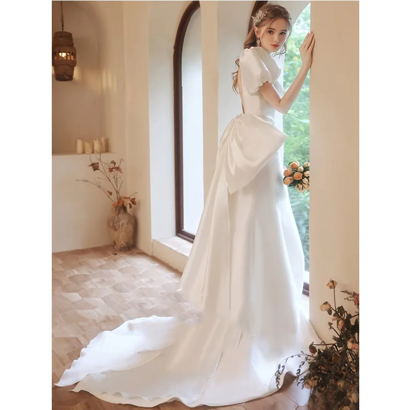 Abito formale con maniche a sbuffo abiti da sposa a sirena in raso Vintage abiti da sposa con fiocco senza schienale principessa vestido de festa de casamento