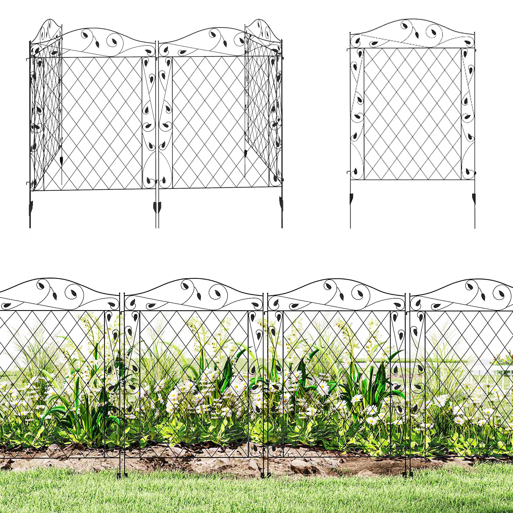 Garden Fencing 11.5' Decorative Metal Border Edging, 4 Pack, Black