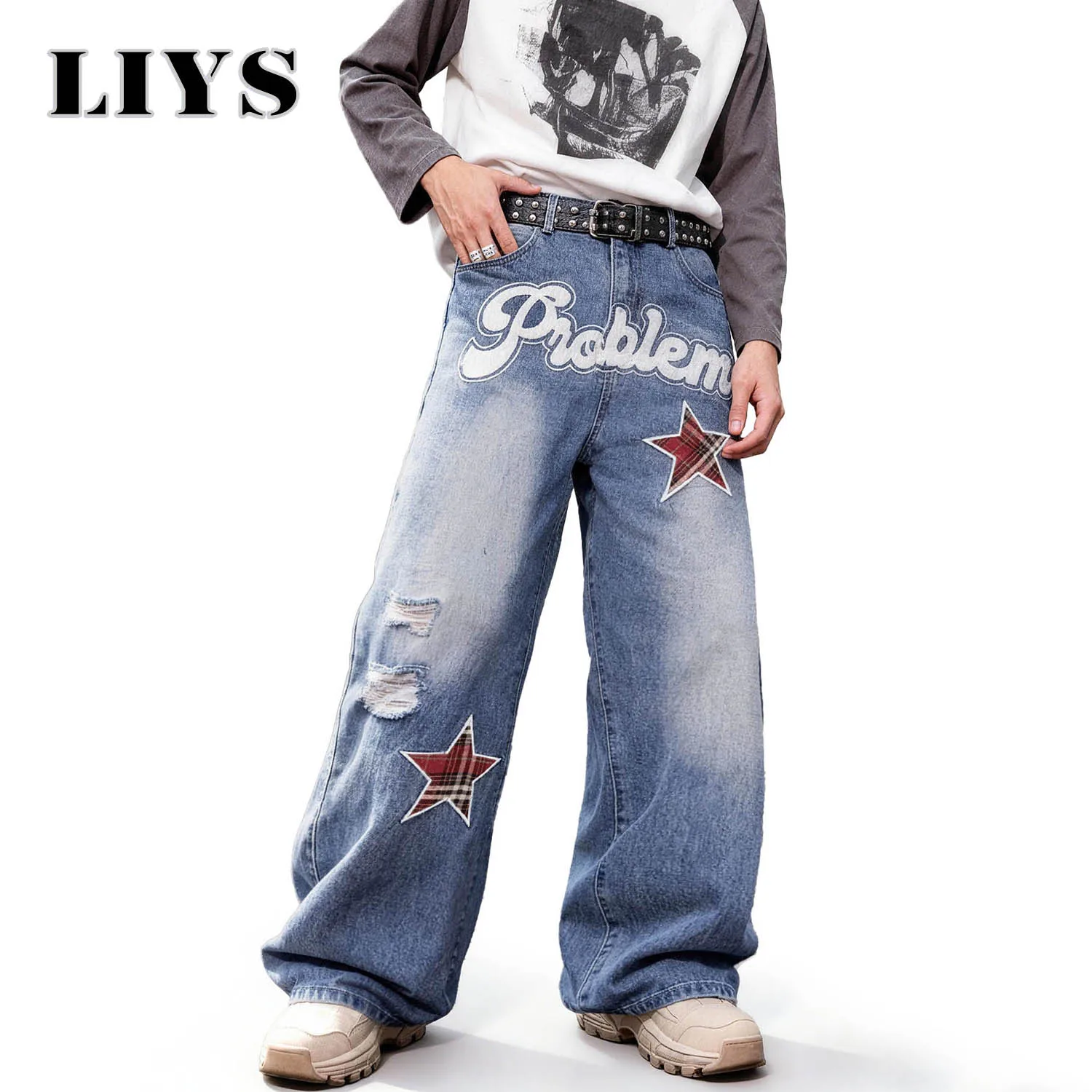 

LIYS American Style High Street Retro Embroidered Baggy Jeans Spring Summer Blue INS Nostalgic Ripped Casual Denim Pants Unisex