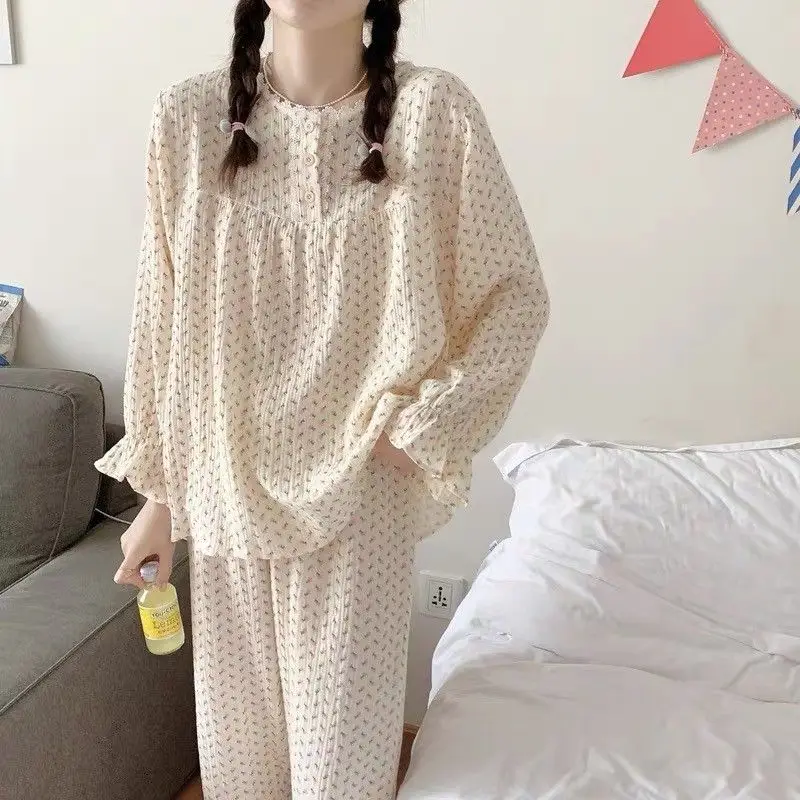 Floral Sleepwear Women Pajama Sets Korean Piiama Ruffle Pants Sets for Women 2 Pieces Autumn Button Night Wears O-neck Home Suit