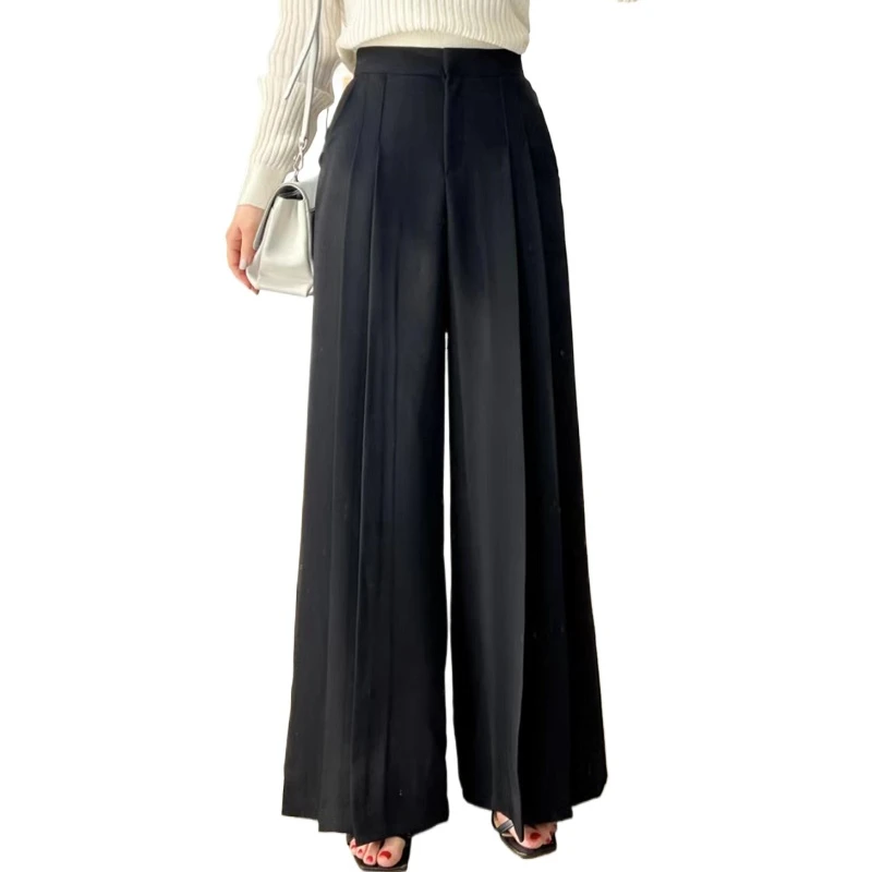 Women Wide Leg Pant Korea Summer High Waist Office Lady Pleated Design Fashion Full Length Black Beige Female OL Trousers Casual