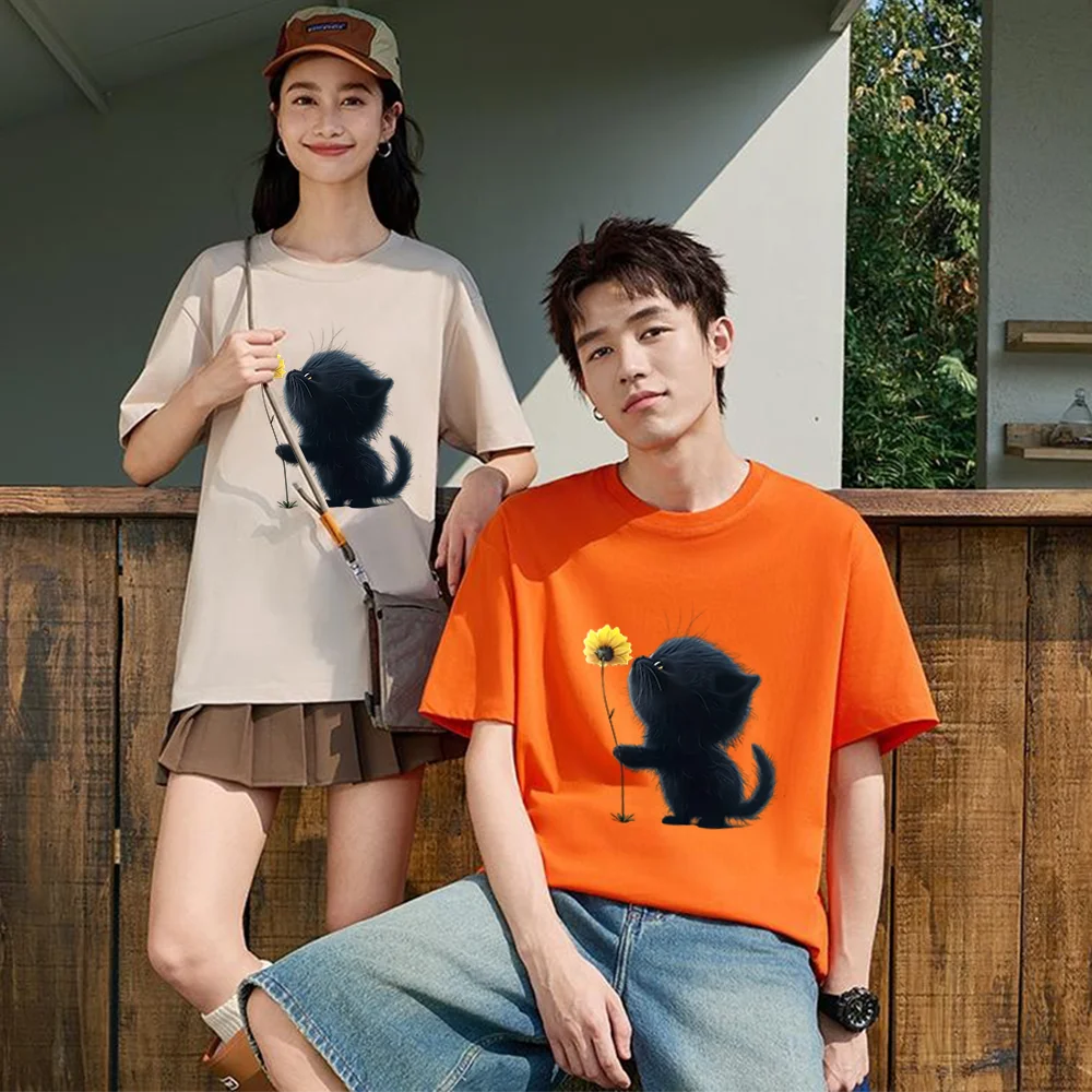 Black Cat With Yellow Flower Printed T Shirt Breathable Fabric S-XXL Personalized Custom Casual Short Sleeve Tee Aesthetic Graph